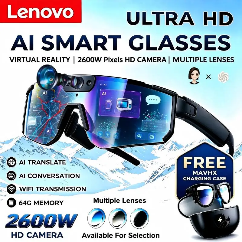 Lenovo AI Smart Glasses ChatGPT 2600W HD Camera Anti-shake Cycling Video&Photo Sport Sunglasses Dual Mic 64GB Windproof Goggles