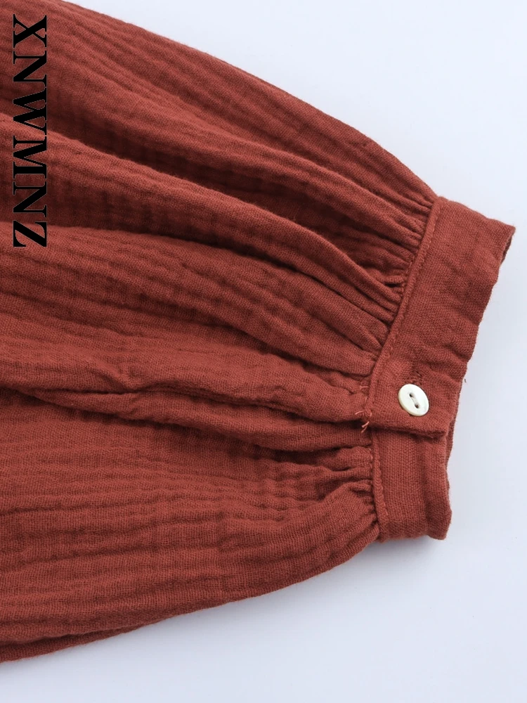 XNWMNZ 2025 Summer New Woman's Fashion Holiday Long Sleeve mini Pleated dress Chic Simple Woman BROWN O-Collar boho Dresses Tie
