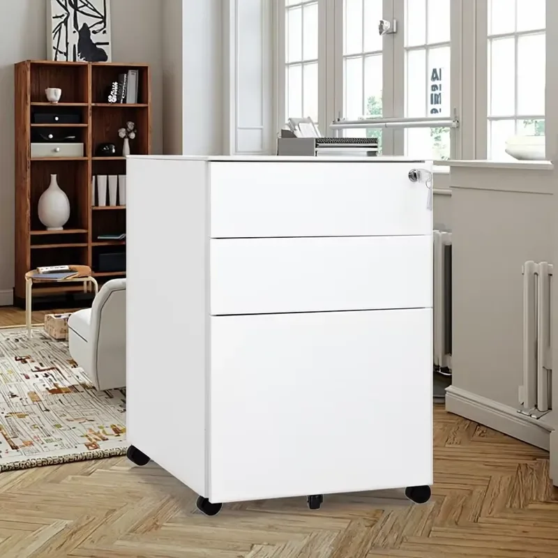 CHNSMILE OEM Modern White Office Mobile Base Cabinet 3-Drawer Central Swivel Silent Casters High Capacity Anti-Tilt