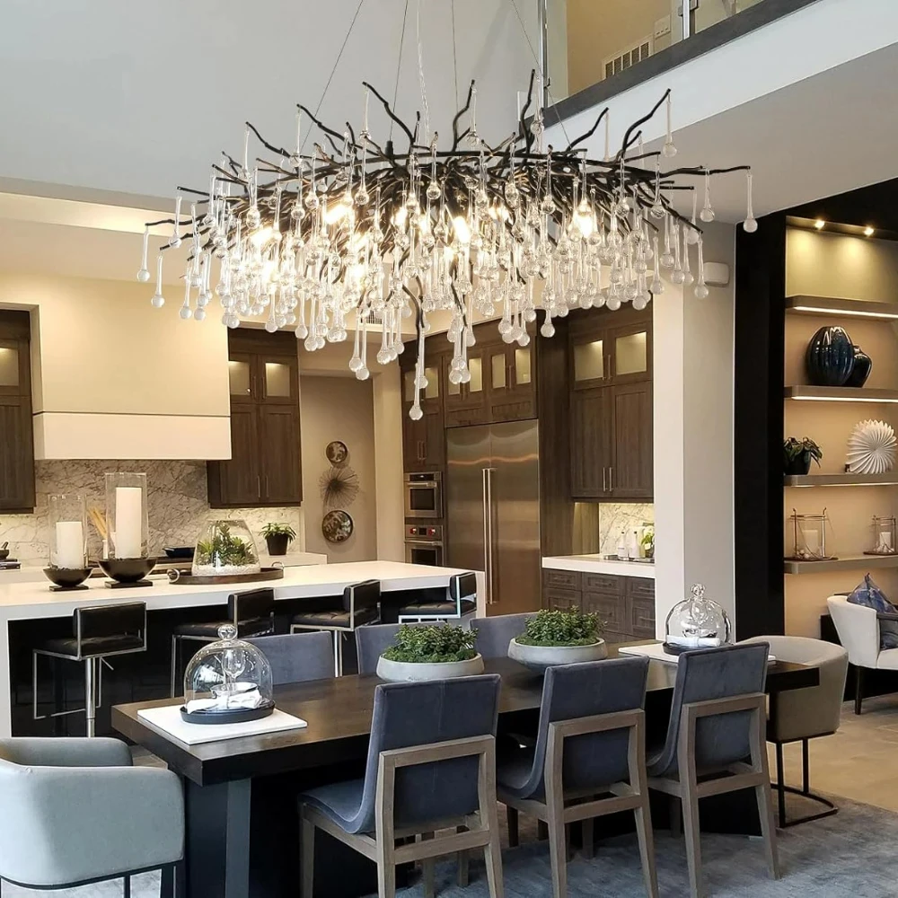 Nordic Luxury Crystal Chandeliers Black Gold Water Drop Pendant Light Living Room Hotel Hall Villa Indoor Decor Fixture YX489TB