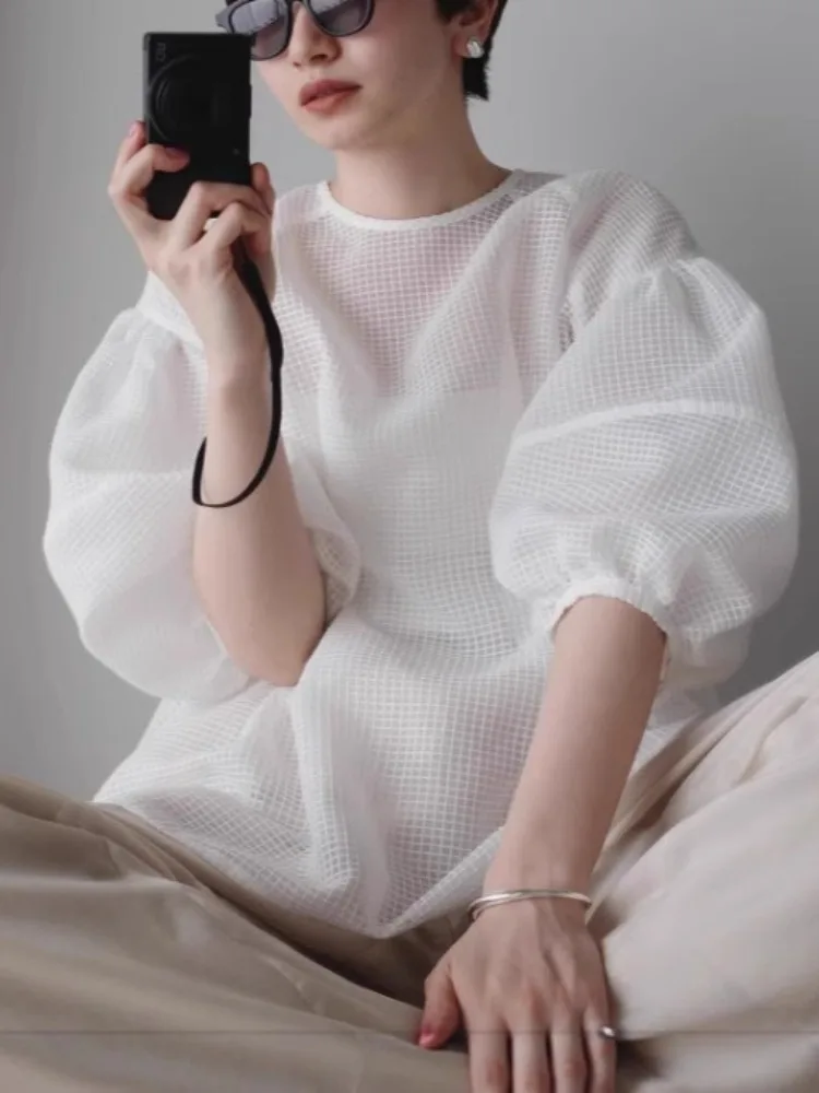 

Gagarich 2025 Japanese Style Mesh Bubble Sleeves Summer Shirt Japanese Round Neck Waist Cinched Pleated Doll Shirt Top