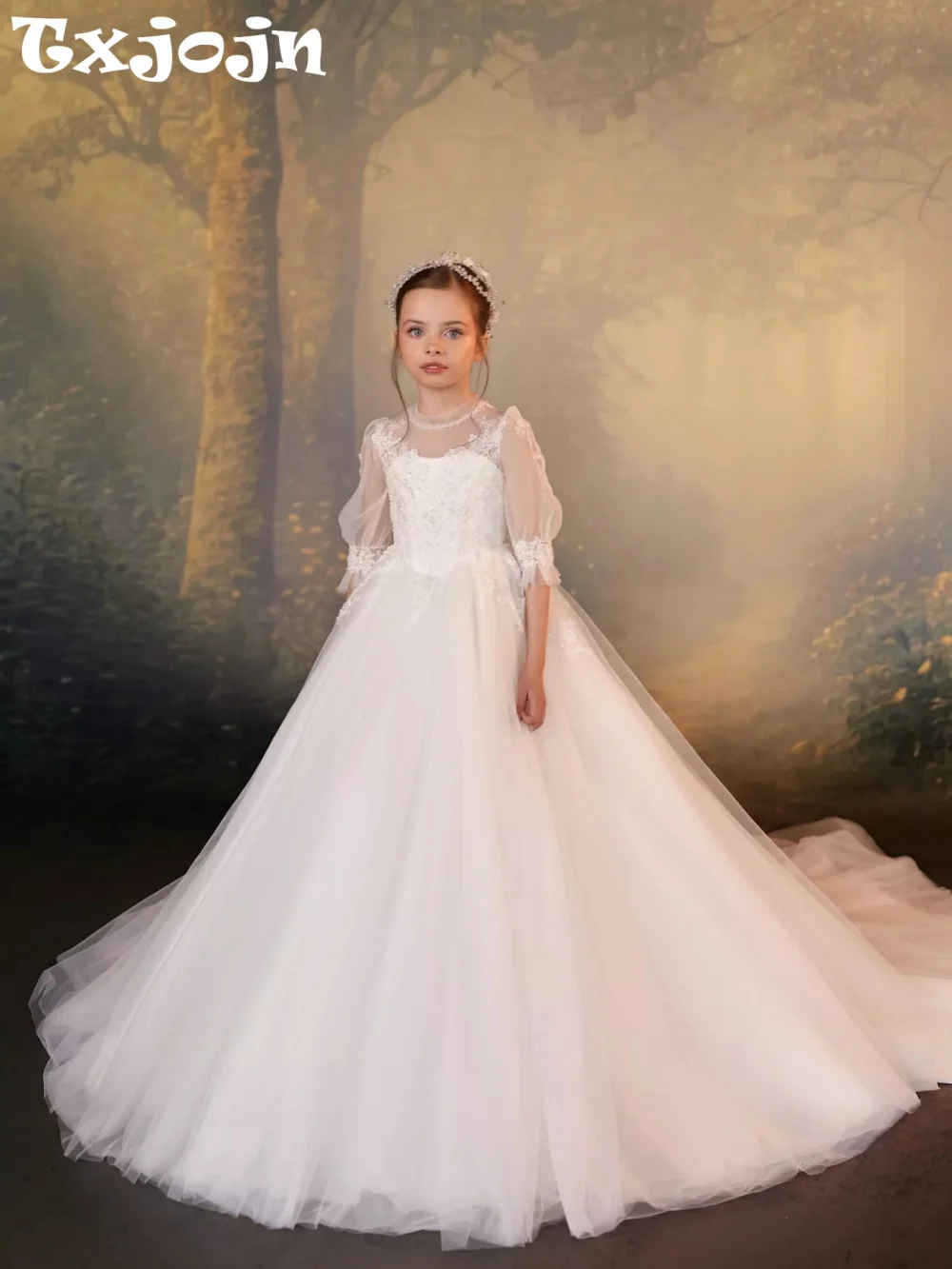 Shimmering Beaded Appliques Girls Dresses For Wedding Elegant Charming High Collar Kids Princess Gown Birthday Party Wear 2-14Y