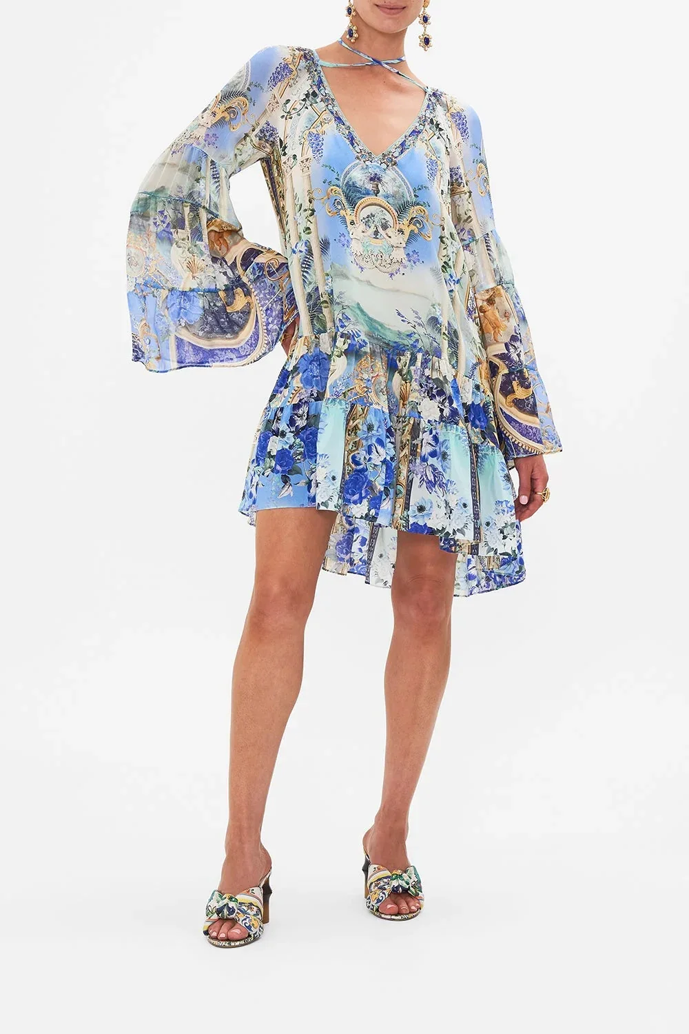

Short Robes for Women 2024 New Spring Summer 100% Silk Ribbon Flower Printed Beaded V-Neck Loose Casual Full Sleeve Mini Dress