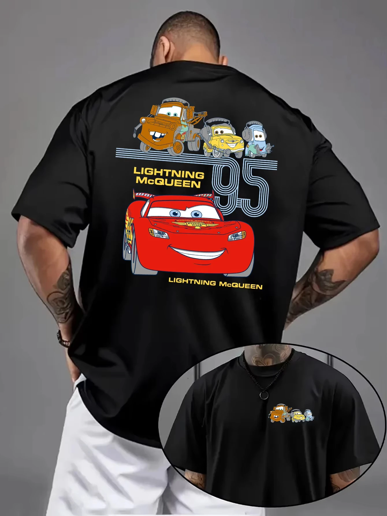 

Disney Men's Car Lightning McQueen 95 Mater T-shirt Cotton Casual Oversized Couple Unisex Women's Top T-shirt Streetwear