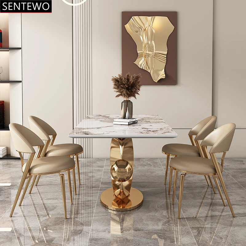 Luxury  Rock Slab kitchen dining table 6 chairs Stainless steel gold frame Faux Marble table home furniture muebles para cocina