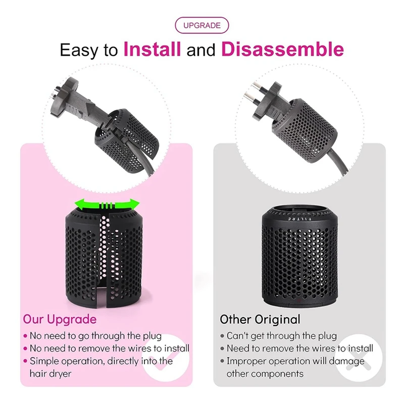 Hair Dryer Inner Filter + Outer Filter Cage For Dyson Hair Dryer HD01 HD03 HD08 Models, With Filter Cleaning Brush