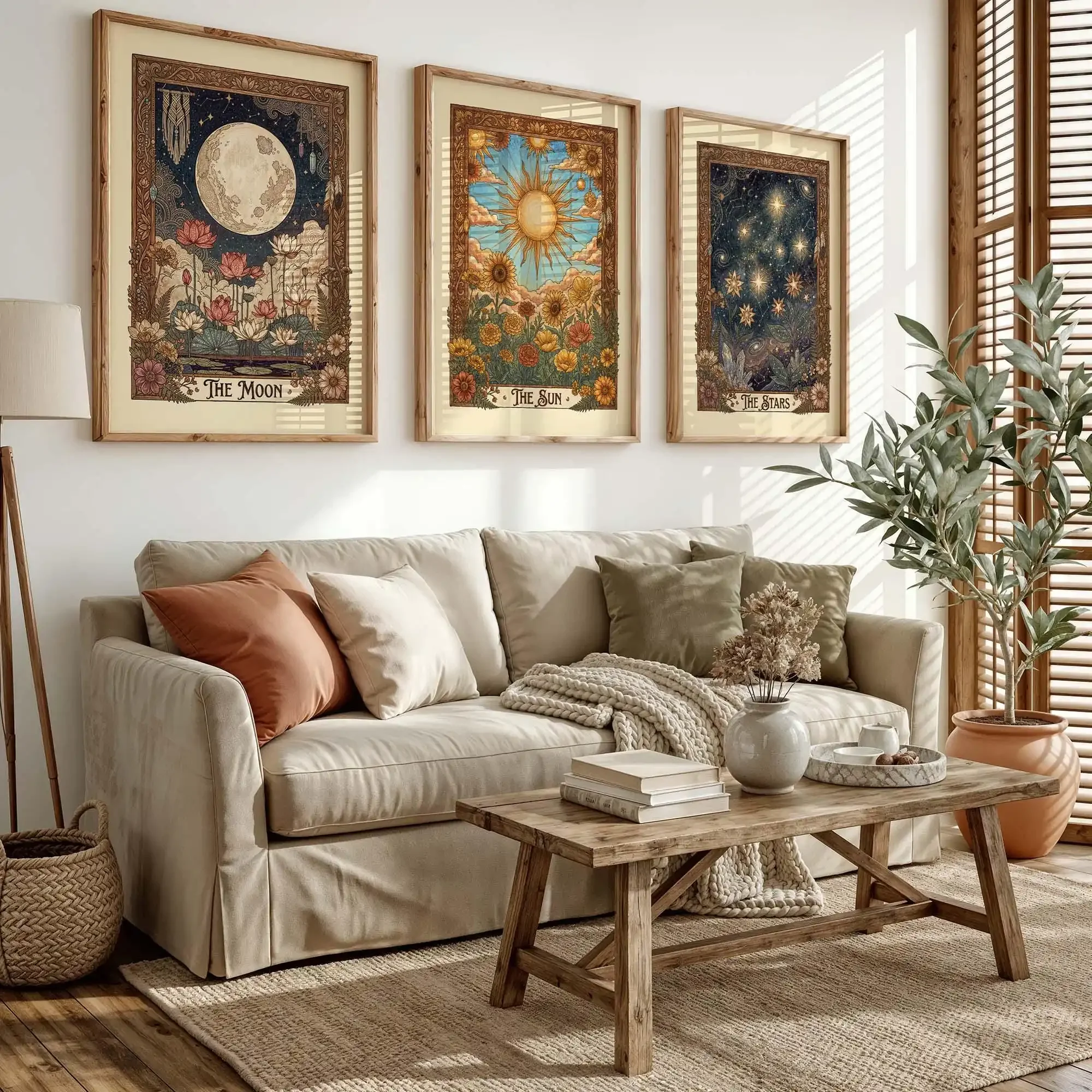 Multiple sizes 3pcs frameless Canvas Painting,Tarot Wall Art Set Vintage Celestial Botanical Prints Sun Moon Stars Canvas Poster