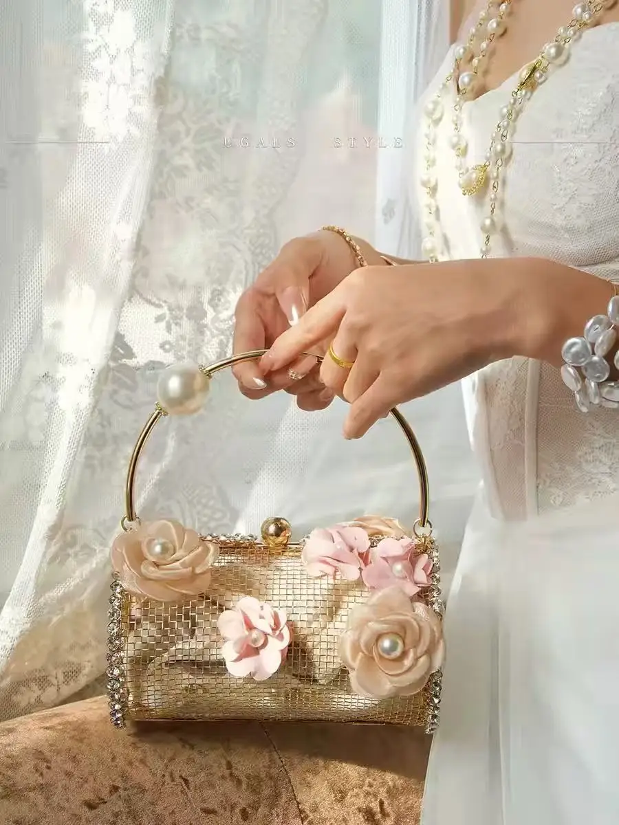 Fashion Floral Cylinder Bag Metallic Hollow Out Evening Bag Glitter Rhinestones Diamond Women Handbag Wedding Party Clutch Purse