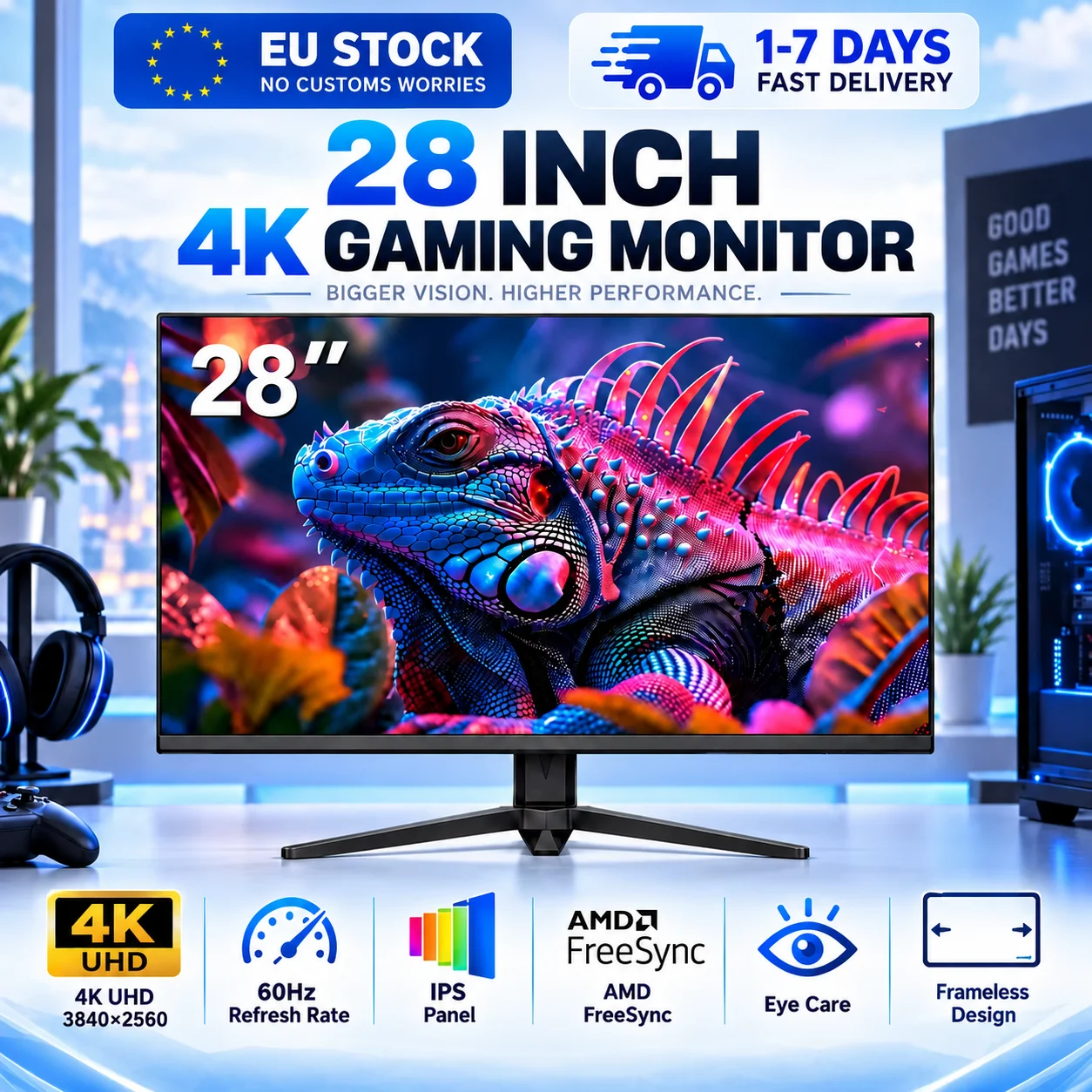 Moniteur de jeu 4K de 28 pouces, écran IPS 60 Hz, résolution UHD 3840×2160, moniteur d'ordinateur PC avec AMD FreeSync, design sans cadre, technologie
