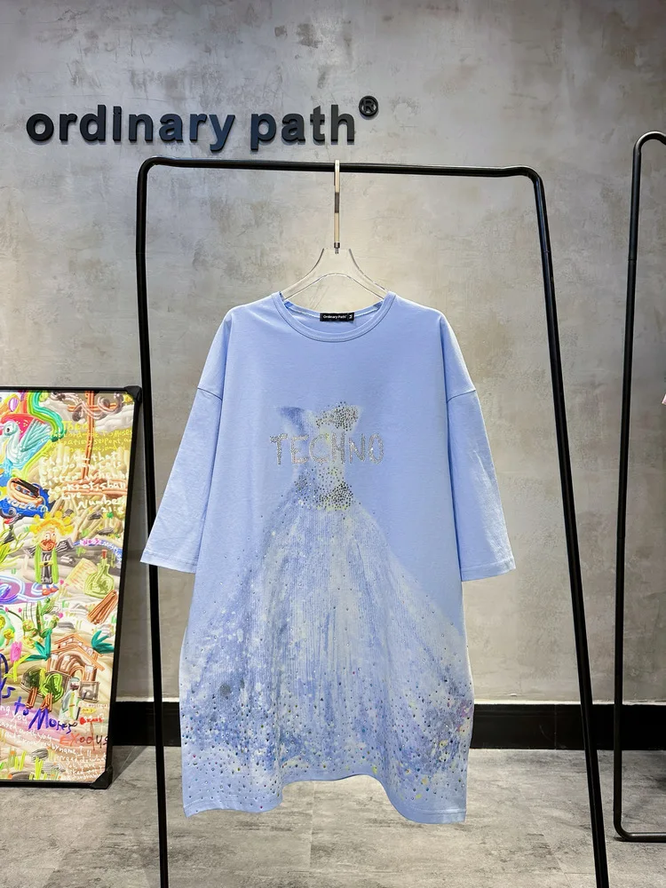 Luxury Rhinestone T-shirt Drsss women Summer Wedding Dress Pattern Full Diamond Sweet Mid-Length Short Sleeve Oversize Dress