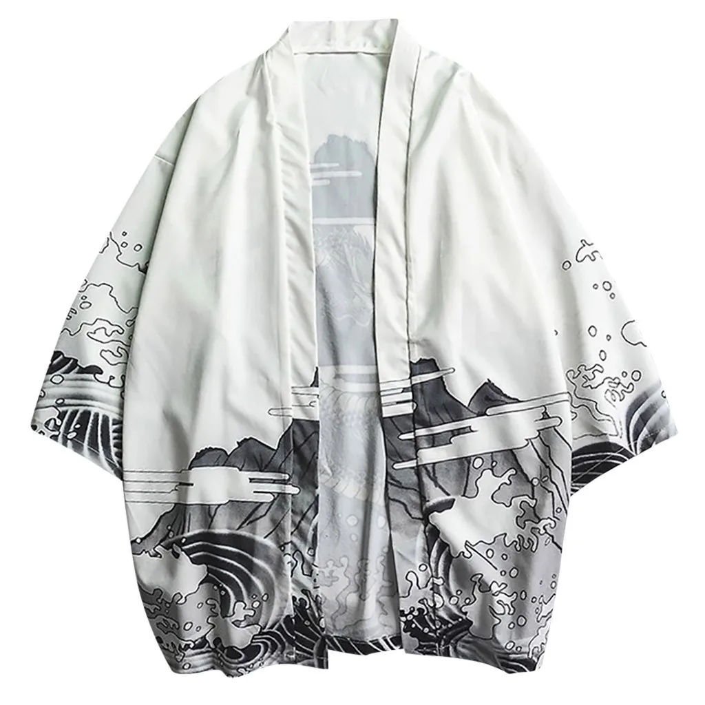 Dragon Print Kimono Shirts Japanese Haori Yukata Samurai Cardigan Men Blouse Oversize Loose Coat Kimono Cardigan Male Clothing