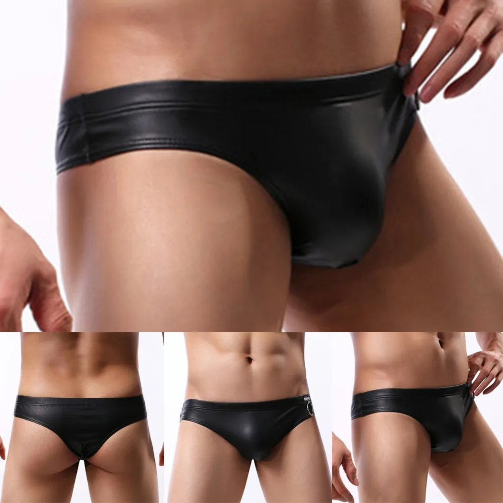 Ropa interior de piel sintética negra para hombre, calzoncillos elásticos para hombre, lencería Sexy con decoración de anillo de Metal, bragas