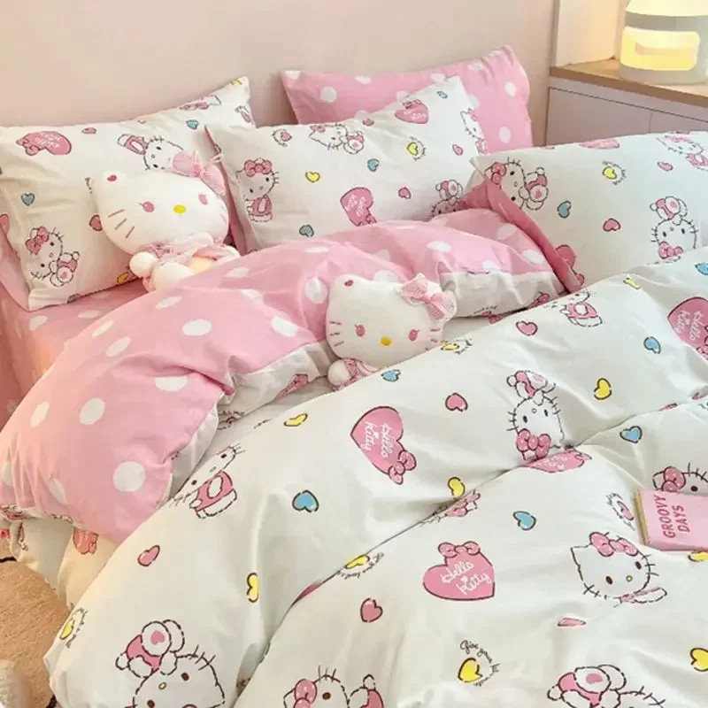 

New 4Pcs/set Kawaii Anime Cartoon Hello Kitty Bedding Quilt Cover Student Bedding Soft Microfiber Bedspread Lightweight Coverlet