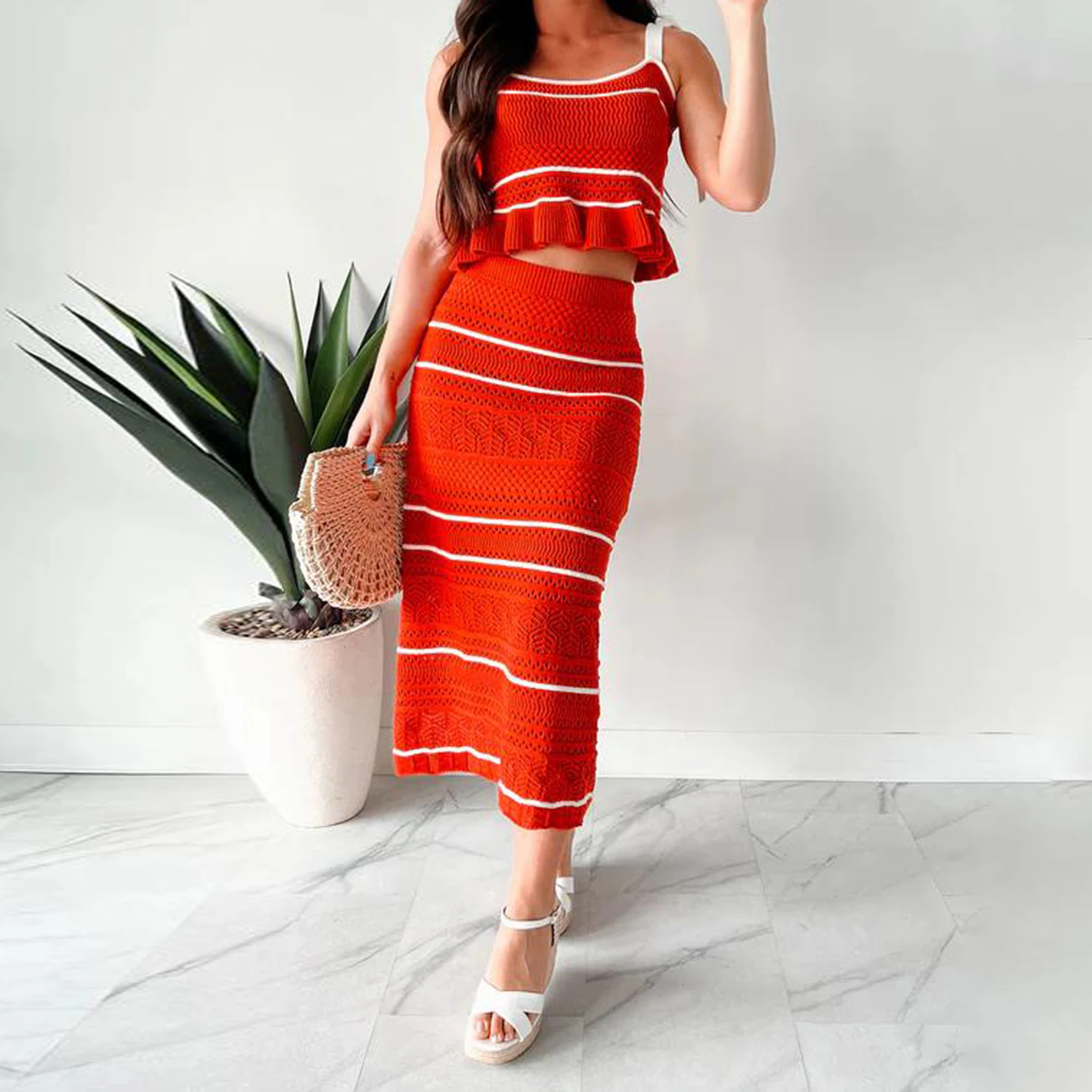 Women's 2 Piece Outfits Aesthetic Sweater Set Stripe Tie-Up Shoulder Straps Sleeveless Tank Tops Elastic Waist Long Skirt Set image 5