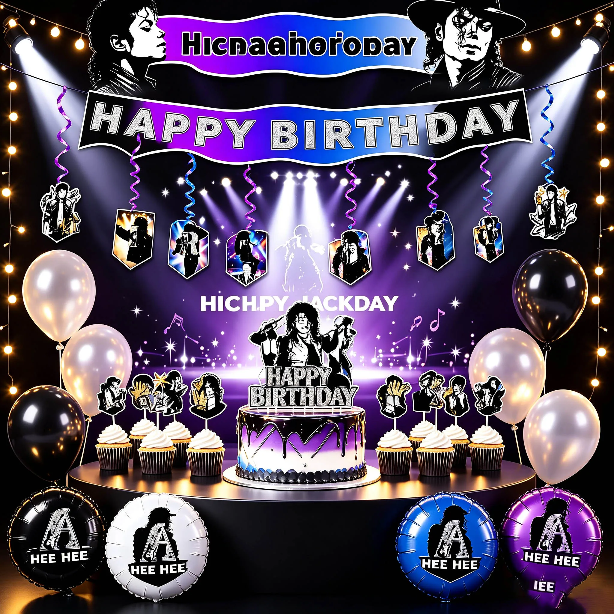 Michael Jackson Geburtstagsparty-Dekorationen und Zubehör, einschließlich Happy Birthday Banner, Kuchenaufsatz, Ballons und Hintergrund