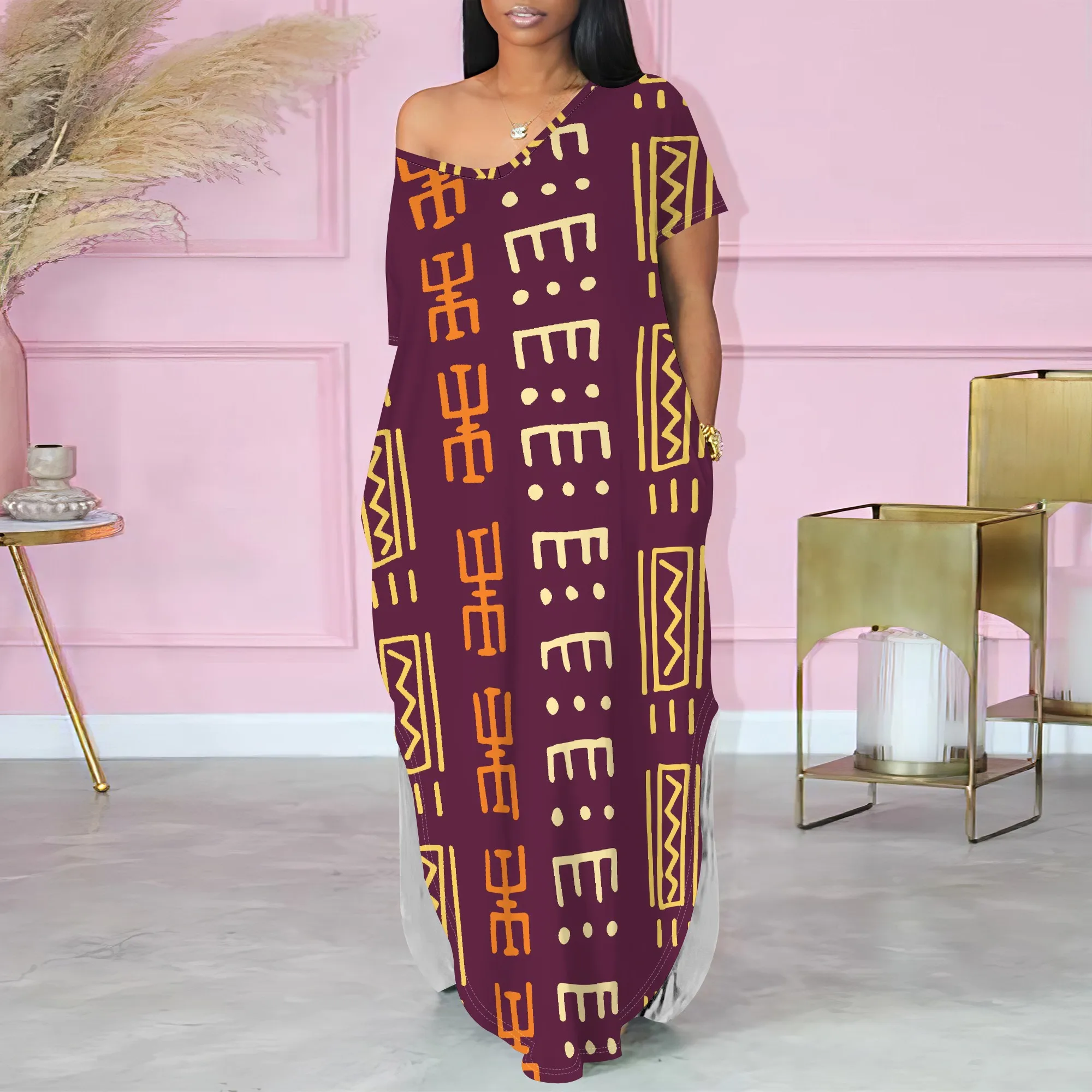 

Women's Summer Fashion Printed Short-Sleeved One-Shoulder V Neck for Women Loose Two-side Slits Casual Maxi Dress With Pocket