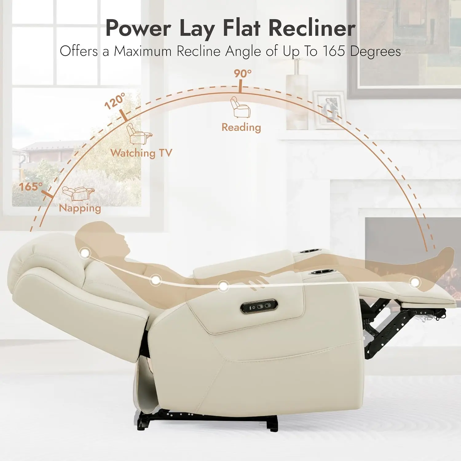 Genuine Leather   Recliner Chairs Adult Lay Flat Recliner Adjus    Headrest USB   Ports Cup Holders  ize