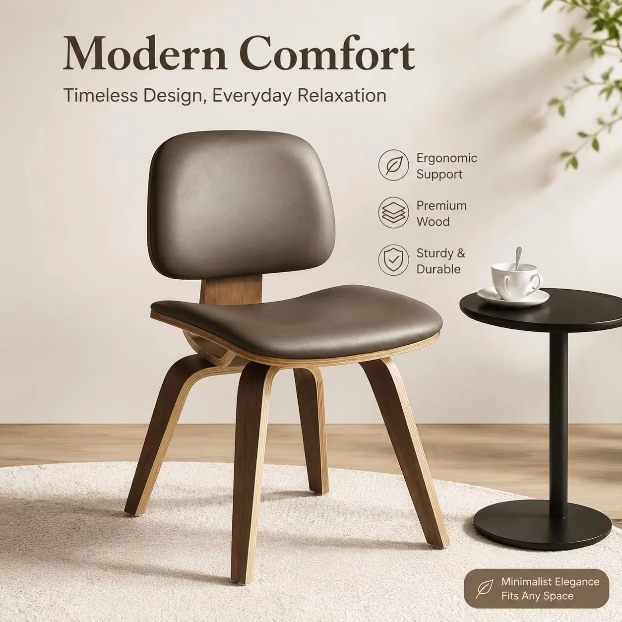 Mid-Century Modern Plywood Dining Chair with Leather Seat and Solid Wood Base for Kitchen or Living Room