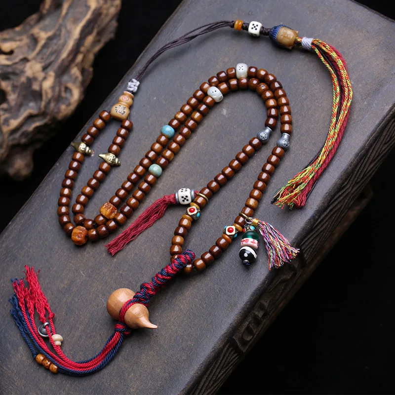 Necklace Bracelet Tibetan Yak Bone 108 Beads Buddhist Carving Three-Hole Buddha Sandalwood Gourd Pea