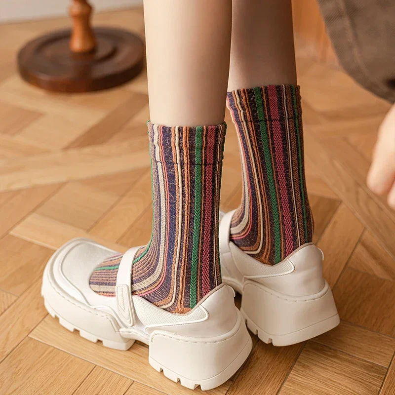 Multicolor Striped Women Socks Ethnic Japanese Fashion Cotton Middle Tubes Socks Vintage Streetwear Casual Long Socks Retro 2025