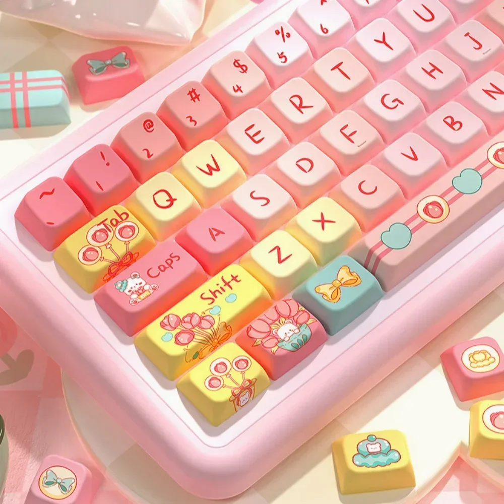 Bear Mechanical Keyboard, MDA Keycap Set PBT Cute Girl Pink Bear 138 Keys 158 Keys Large Complete Set