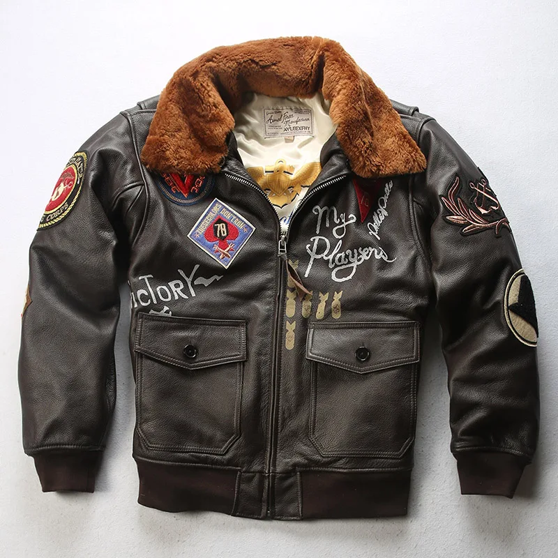 

Autumn winter season men embroidered coat G1 bomber pilot real leather jacket lapel Bao family casual cowhide cotton clothing