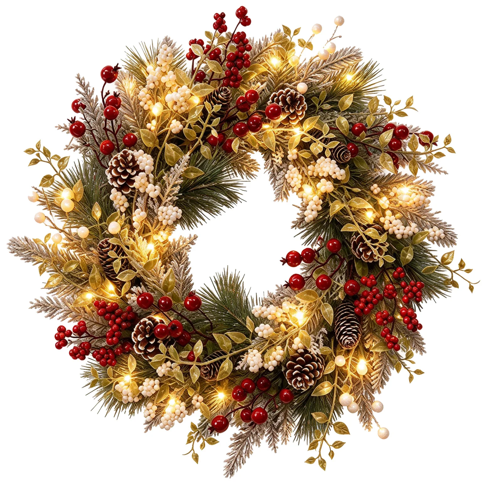24 inch Pre-Lit Christmas Wreath with 20 LED Lights 8-Mode Timer Snowy Pinecone Berry Holiday Wreath for Front Door Indoor Outdoor Decor