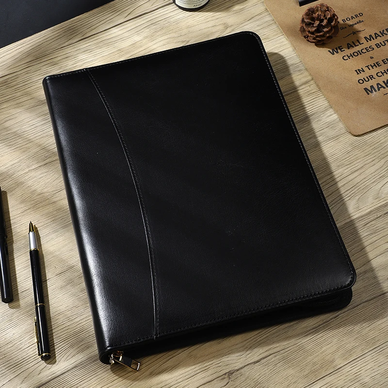 Zipper PU Leather A4 Portfolio Folder, Multifunctional Business Document Organizer with Card & Pen Slots