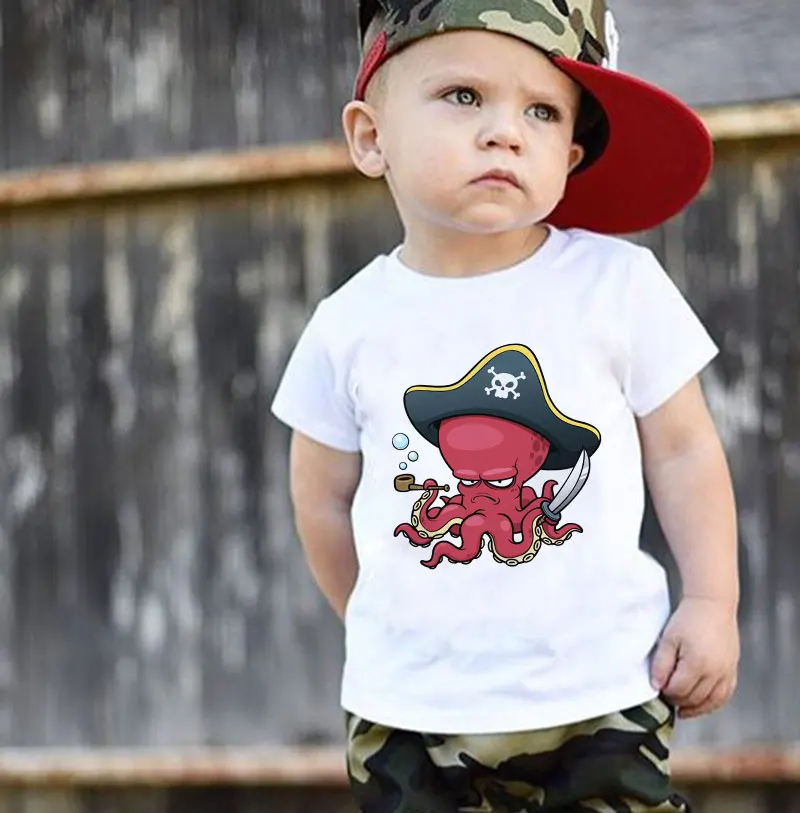 

2022 Cartoon Fashion Girl Tops Kawaii Funny Girls T Shirt Cute Pirate Octopus Lobster Harajuku Boys T Shirts 3-13Y Kids Clothes