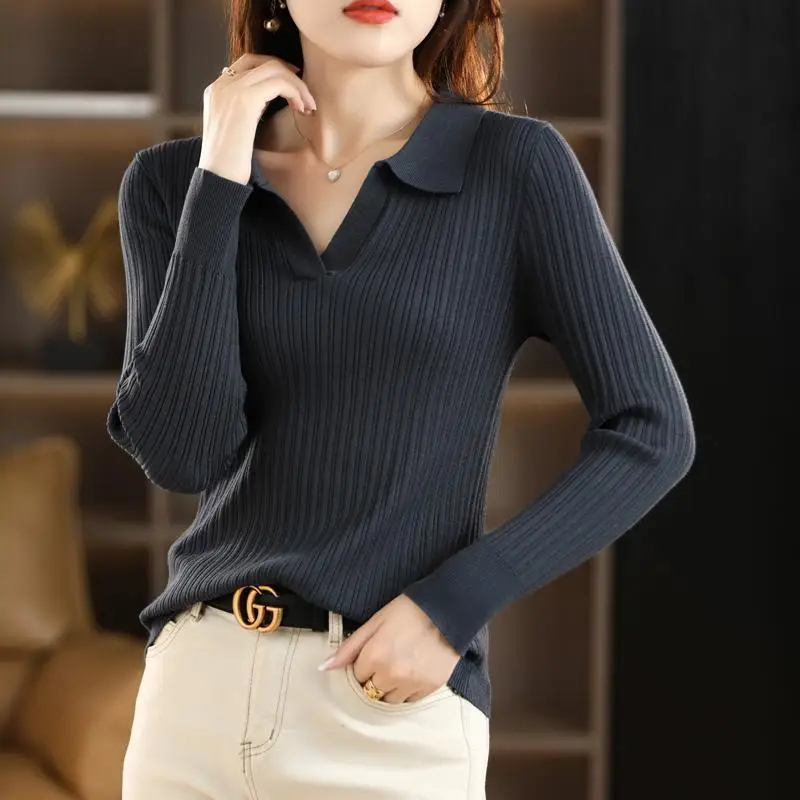 Spring and Autumn Women\'s Solid Polo Neck Long Sleeve Slim Knitted Sweaters Jumpers All-match Fashion Casual Office Lady Tops