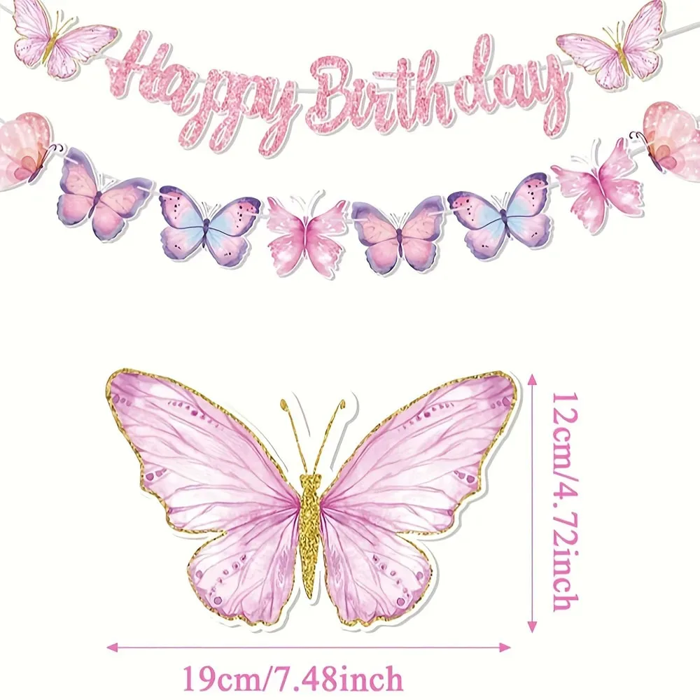 Pastellrosa Lila Schmetterling Geburtstags-Wimpelkette, Glitzer-Buchstaben Happy Birthday Girlande für Mädchen-Geburtstagsfeier Innendekoration – Detail 5