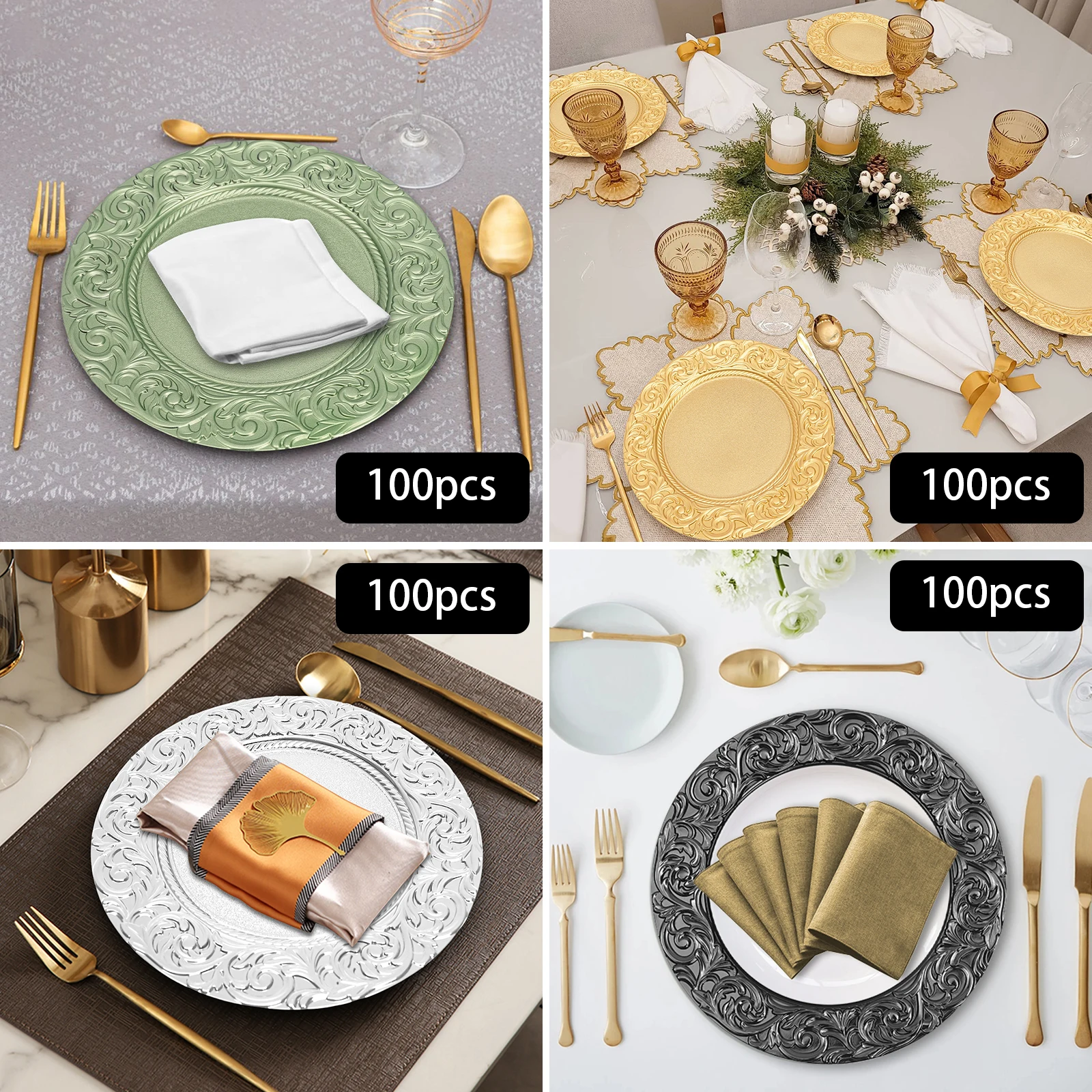 

Набор тарелок для зарядного устройства, 100 шт., круглые многоразовые декоративные сервировочные тарелки, для свадеб, дней рождения, банкетов, больших мероприятий, расчесок