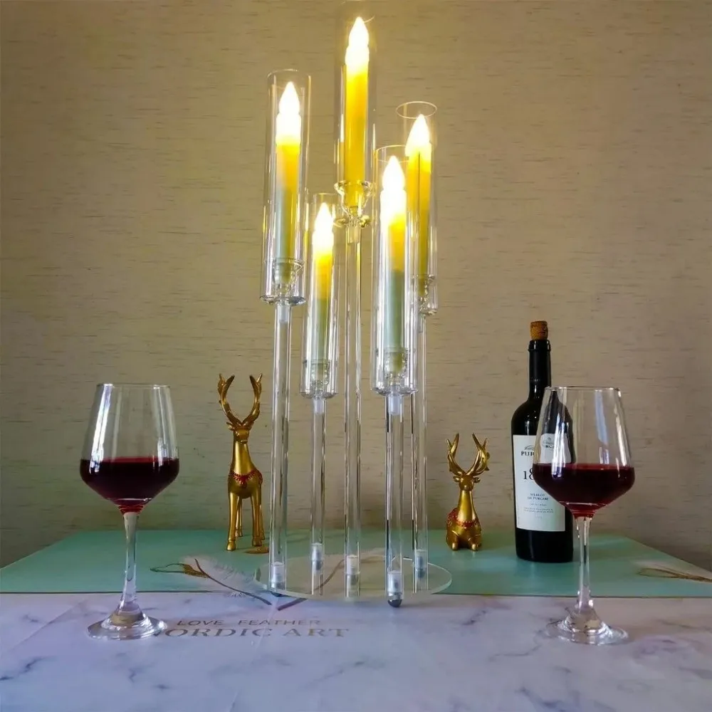 Transparent Candle Holder 5-head with Circular Base Candlesticks Holder Acrylic Main Table Floral Decoration Table Centerpieces