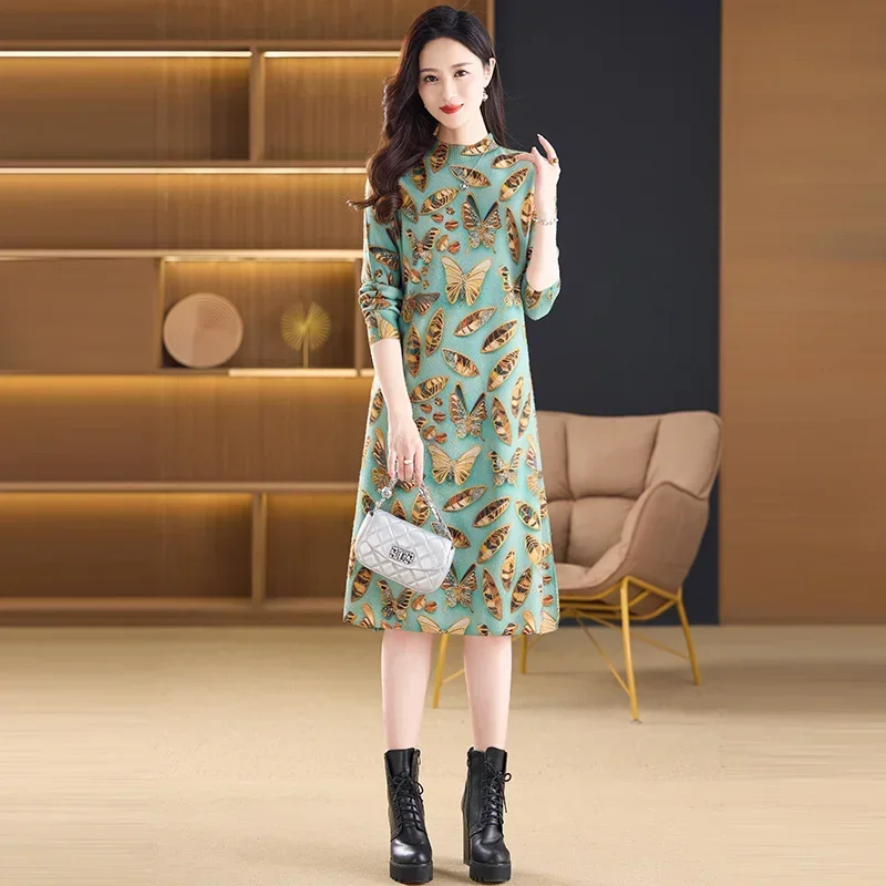 

Women Commute Elegant Slim O-neck Dress Autumn Winter Fashionable Butterfly Pattern Comfort Soft Wool Warm Knitted Dress
