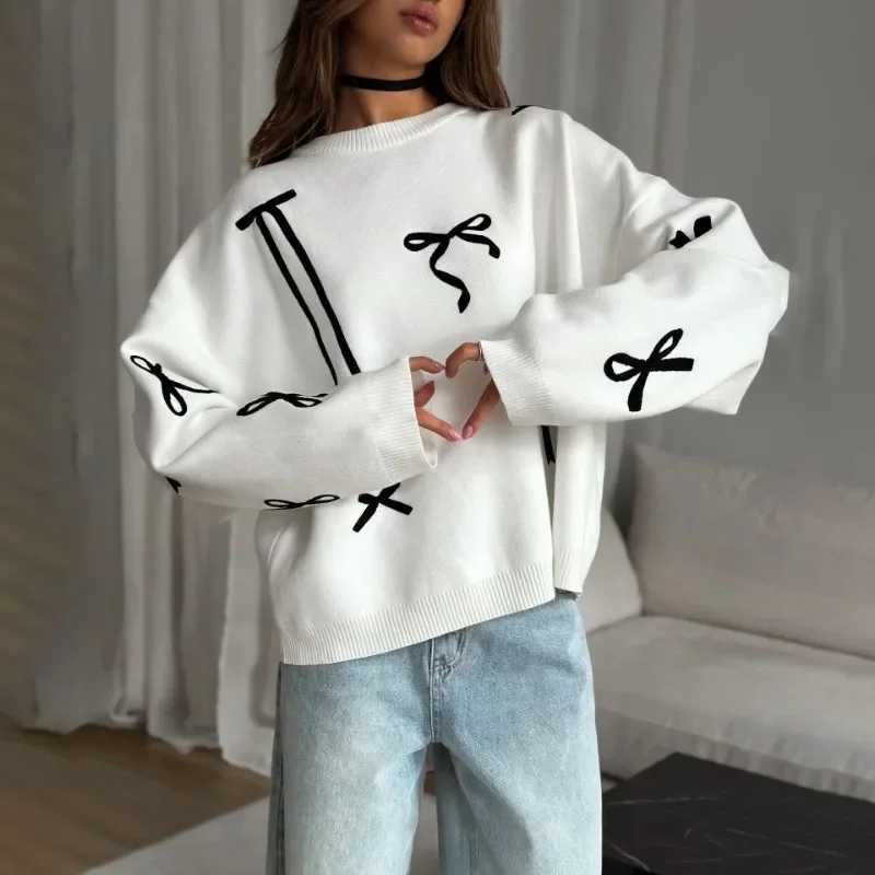 French Bow Contrast Color Design Pullover Knitted Sweater Lazy Style Fashionable Loose Knitted Sweater for Women