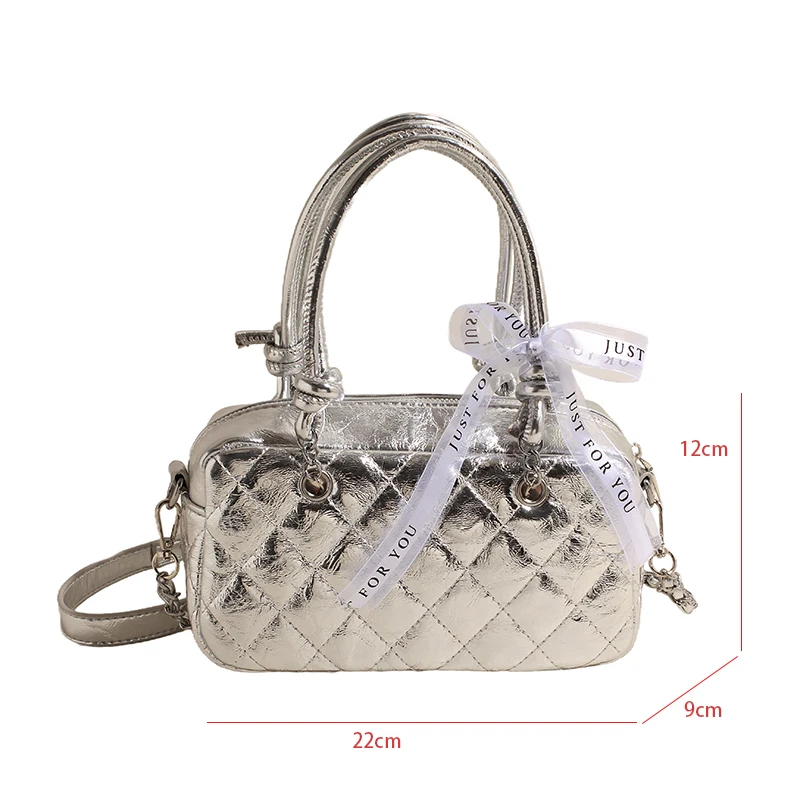 Small Silver Women\'s Shoulder Bag PU Leather Lingge Pattern Crossbody Bag Brand Designer Handbag And Purse Versatile Satchel