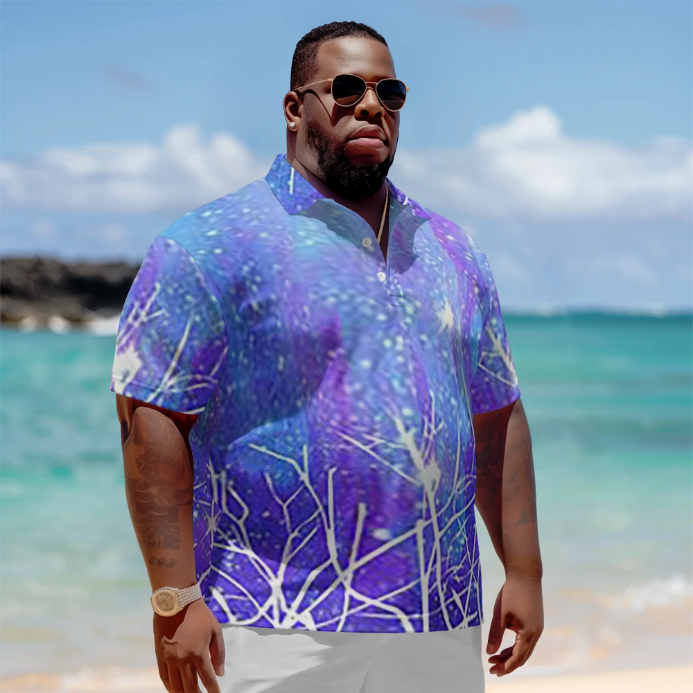 

1 men's plus size polo shirt with summer ice blue print casual lapel button suitable for shopping and golf