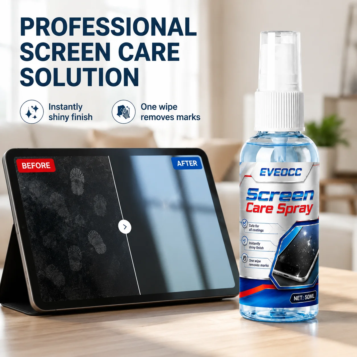 EVEOCC Multi‑Purpose Screen Care Spray, One Wipe Removes Marks Anti‑Smudge Cleaner for Electronic Device Screens