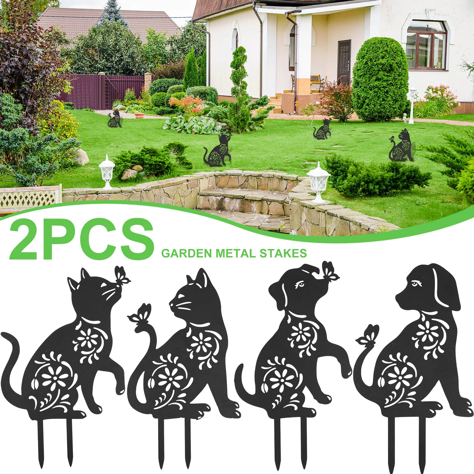 

2PCS/Set Cat Garden Stakes Metal Garden Animal Statues Decorative Black Dog Silhouette Lawn Stakes Creative Cat Yard Art Decor