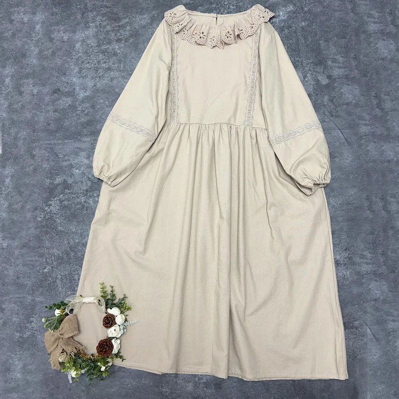 Johnature New Japanese Women Doll Dresses 2024 Autumn New Ruffles Collar Mori Cotton Linen Dress Vintage Casual Loose Dresses