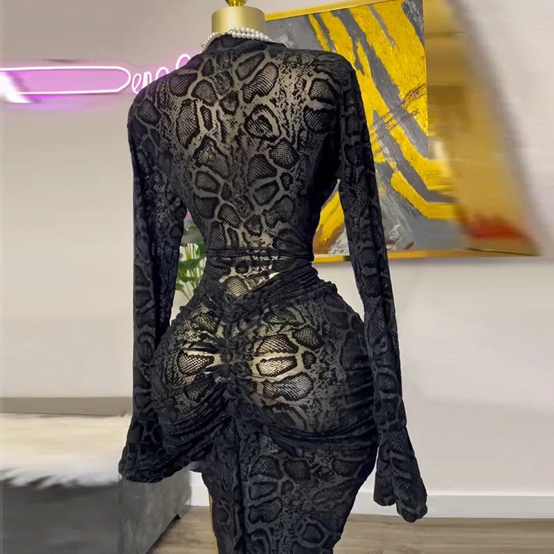 ชุดเดรสยาวแขนยาวซีทรูสีดำพิมพ์ลายสำหรับงานปาร์ตี้ ค็อกเทล งานวันเกิด งานเลี้ยงตอนเย็น งานพรอม ชุดราตรีสำหรับคนดัง