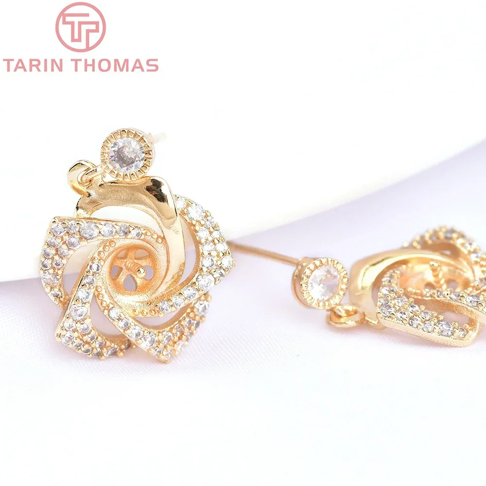 (6136) 2PCS Length 23MM 24K Gold Color Brass with Zircon Rose Stud Earrings High Quality Jewelry Making Findings Accessories