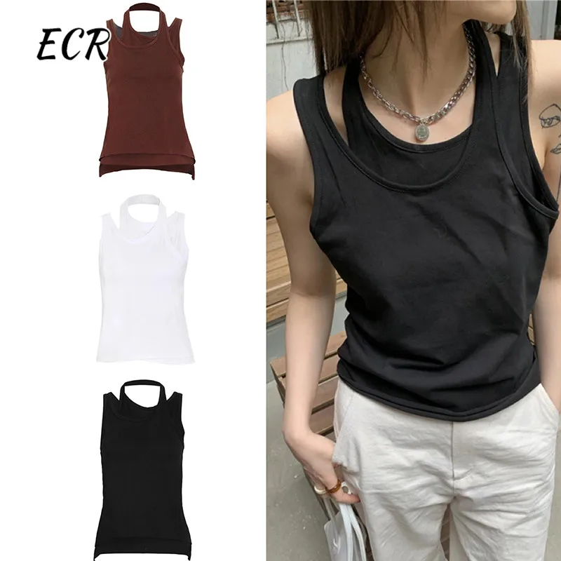 

ECR Sexy Solid Casual Tank Tops For Women Round Neck Sleeveless Loose Asymmetrical Designer Vests Female 2024 Summer Clothes New