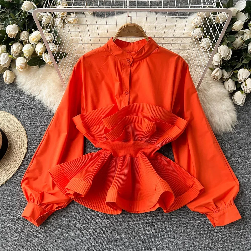 New Spring Elegant Women Shirt Chic Pleated Ruffle Edge Wrapped Waist Slim Tops Female Y2k Vintage Tunic Blusas Roupa Feminina