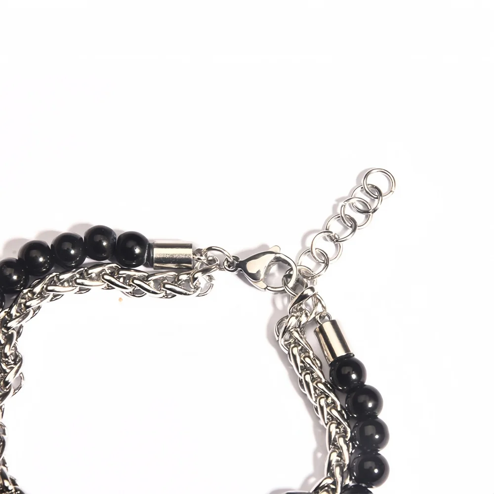 Böhmisches braunes Perlenkreuz-Mehrschicht-Armband, Retro-Silberfarbenes Edelstahl-Armband für Männer, modischer Schmuck für Frauen. – Detail 4