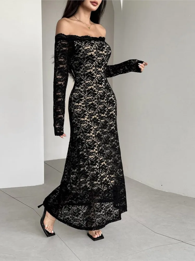 Off Schulter Spitze Schwarz Bleistift Kleid Frauen Trend Langarm Sexy Elegante Abend Party Dünne Stretch Maxi Bodycon Kleider 2026