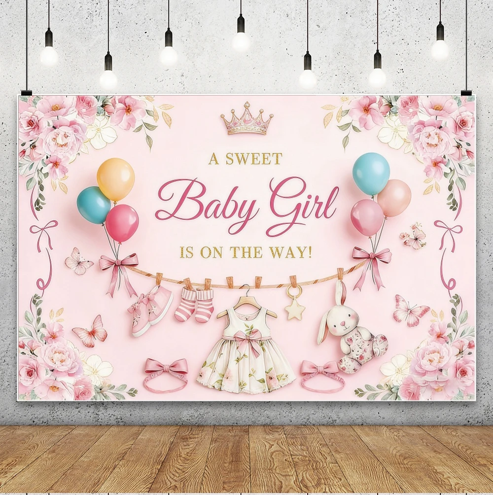 Girl Baby Shower Photography Backdrops Sweetheart Baby Pink Floral Dress Teddy Bear Gender Reveal Kids Party Portrait Background
