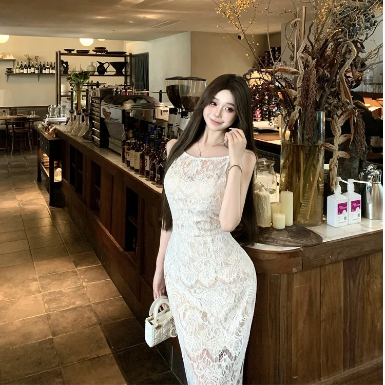 Design Sensation Zachte Kanten Dr met Ingebouwde Bh Pad Afslanken Dames Faion Zomer 2025, Koreaanse Sle Hoge Taille Lange Rok