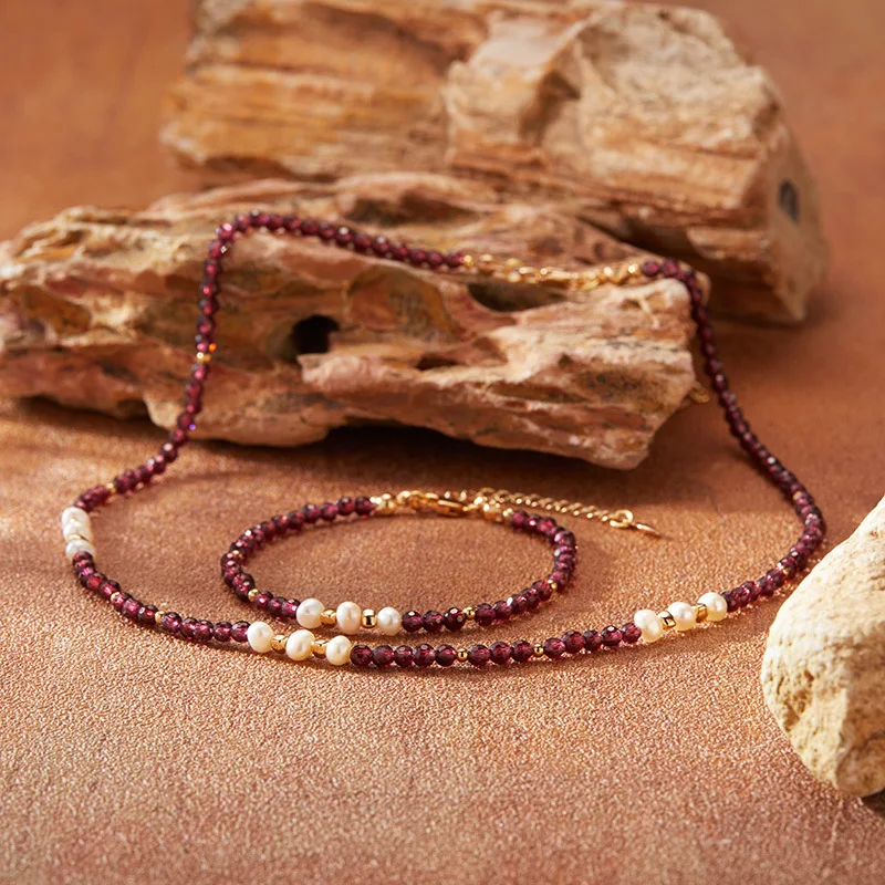 

Natural Garnet Freshwater Pearl Colorful Gemstone Beaded Necklace Set for Womens925Pure Silver Collarbone Chain Hot Sale Wholesa
