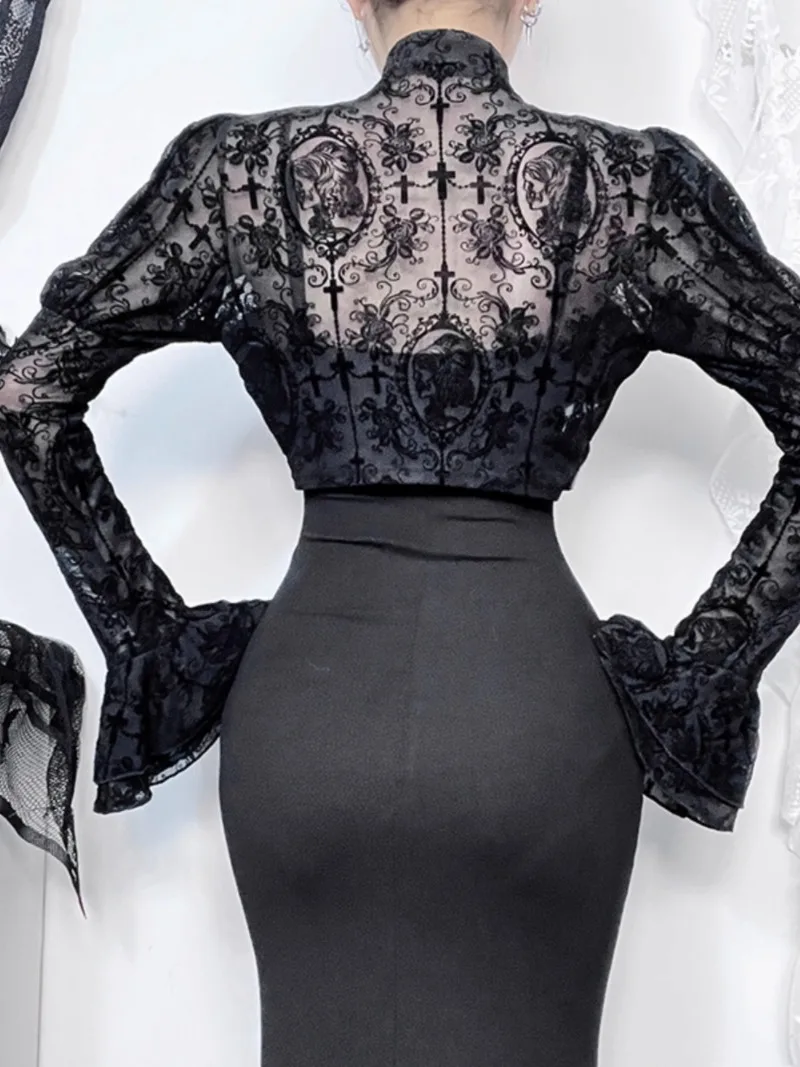 Japanese Goth Punk Black Shawl Blouse Lolita Lace Hollow Flared Sleeve Short Coat Dark Top For Women